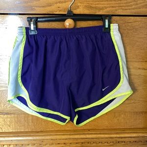 Nike Women's Purple Athletic Shorts with Neon Yellow Trim